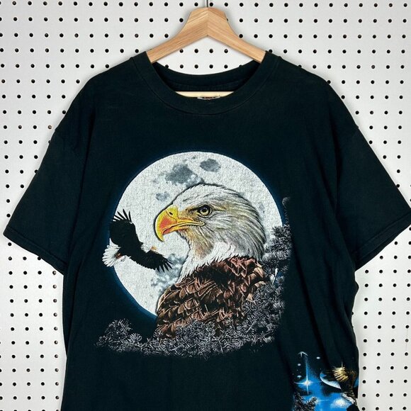 Vintage Bald Eagle Nature T Shirt Size XL Black 90s Lighting Galaxy Wrap Around - Picture 1 of 5